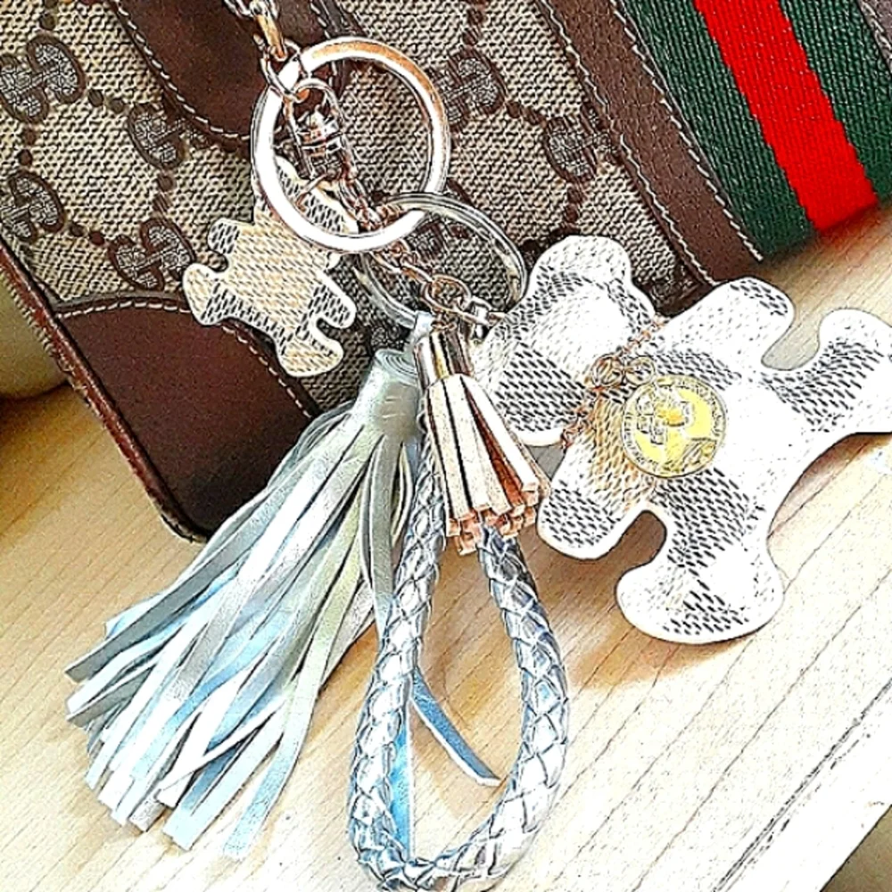Bag Charm Keychain TEDDY BEAR Damier Azur Handmade with‎ Charms & Tassel